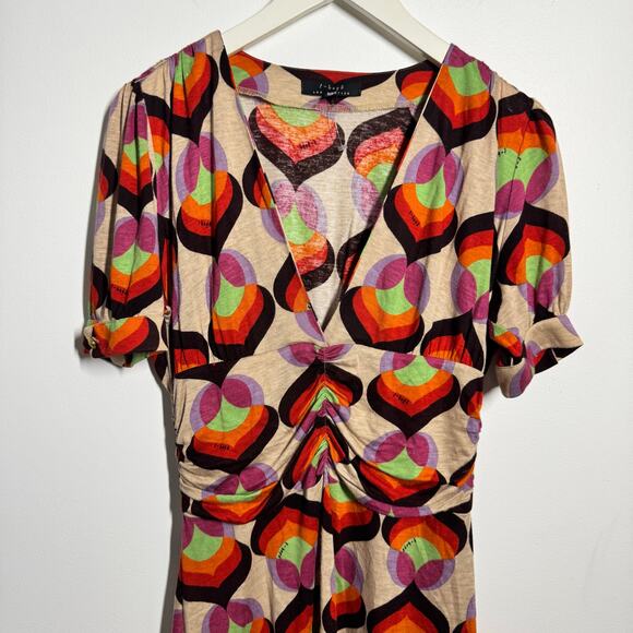 T-Bags Dress Women S Cream Brown Orange 70s Retro Geometric Mini Psychedelic - Picture 3 of 8